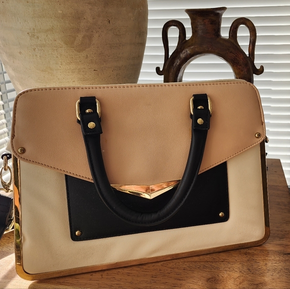 Faux leather boxy neutral tone minimalist briefcase style purse with body strap - Picture 1 of 5